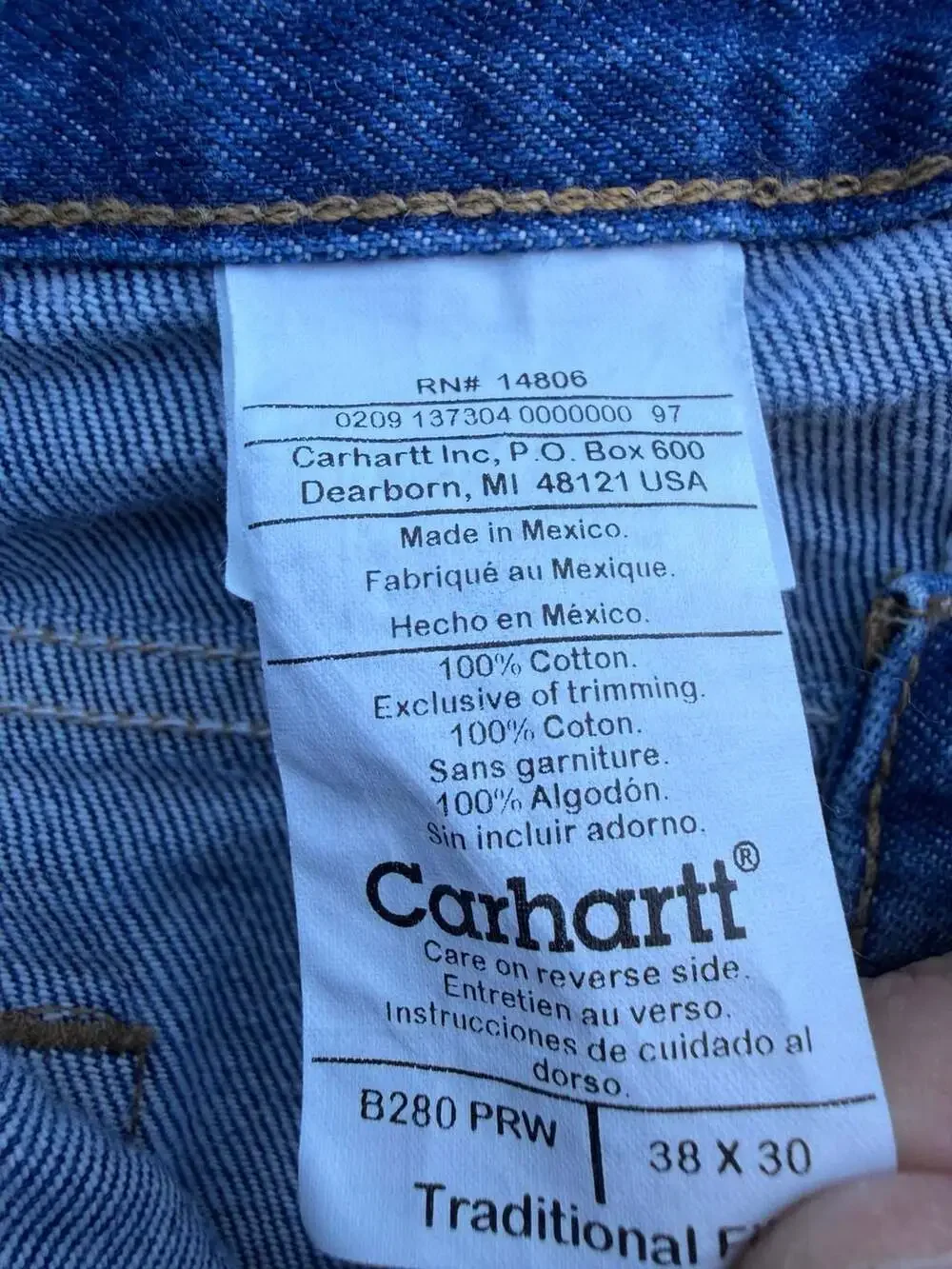 Carhartt B280 PRW Men's Traditional Fit Denim Jeans 38x30